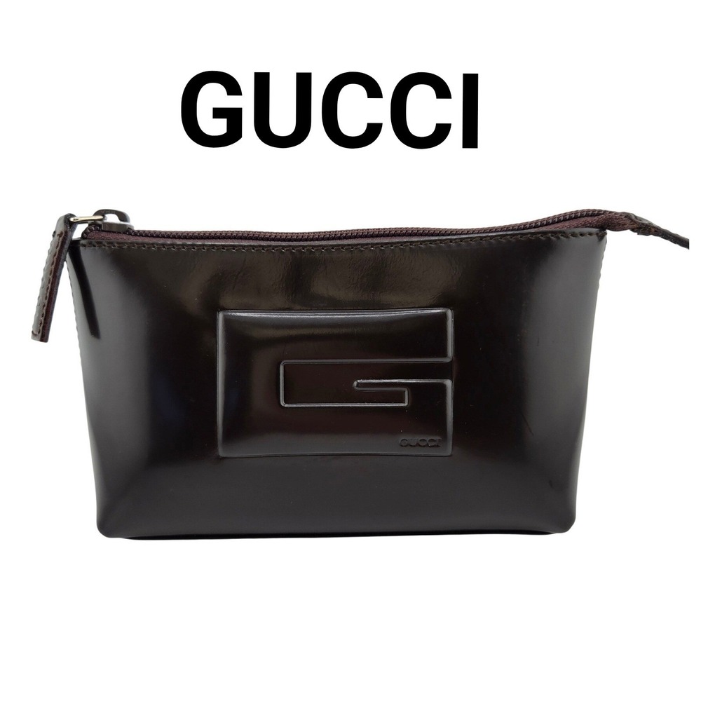 Gucci Dark Brown Patent Leather Embossed G Logo Cosmetic Pouch